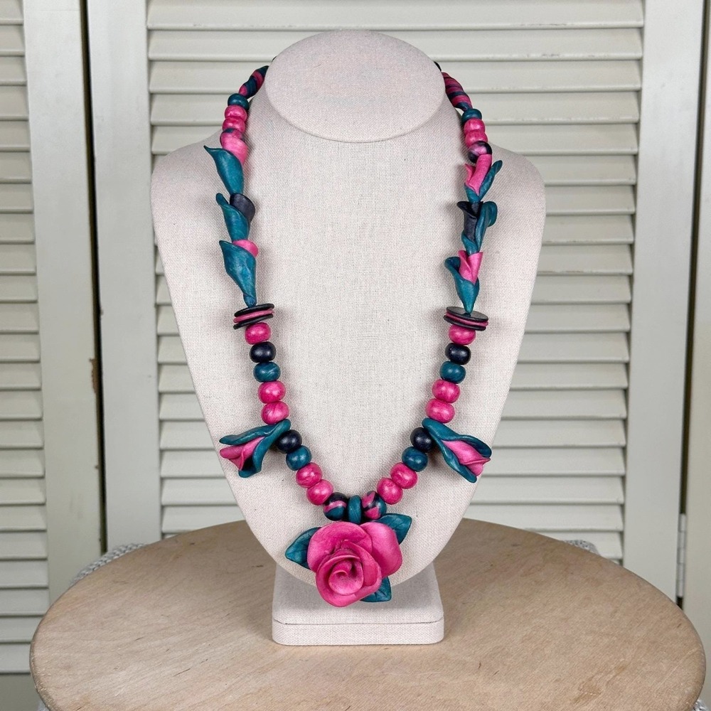 Bold Pink and Teal Polymer Clayā Floral Rose Statement Necklace Handcrafted